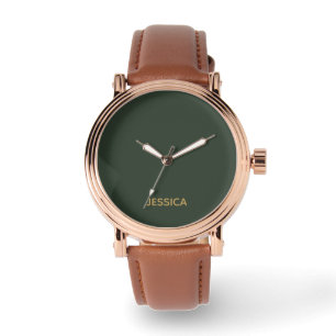 Minimalist dark green gold script personalized watch