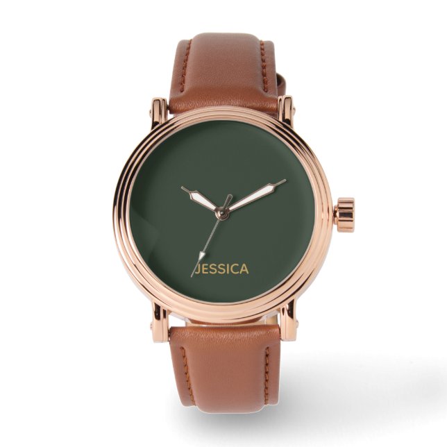 Minimalist dark green gold script personalized watch (Front)