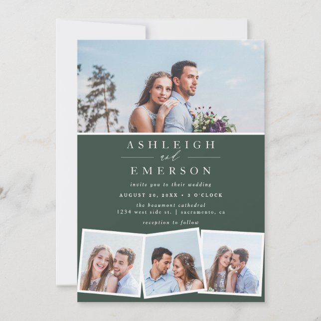 Minimalist Dark Green Photo Collage Wedding Invitation (Front)