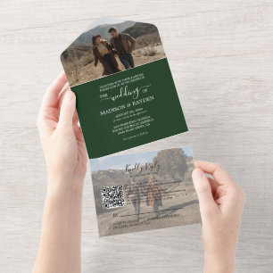 Minimalist Dark Green QR Code RSVP Wedding All In One Invitation