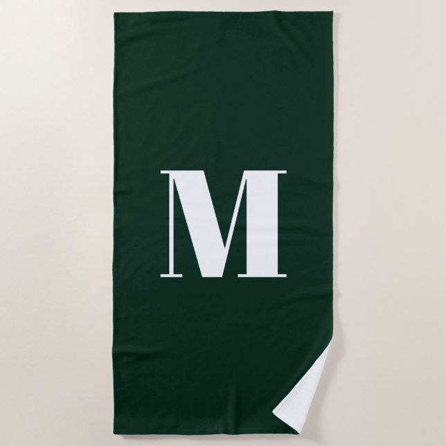 Minimalist dark pine green custom monogram initial beach towel (Front)