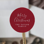 Minimalist Dark Red Merry Christmas Holiday Gift Classic Round Sticker<br><div class="desc">These minimalist dark red Merry Christmas holiday gift stickers are perfect for a simple holiday present or holiday card. The design features classic red and white typography paired with a rustic yet elegant script font with hand lettered style. Personalize the stickers with your name.</div>