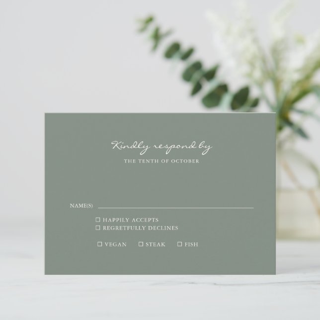 Minimalist Dark Sage Green Script Meal Choice  RSVP Card (Standing Front)