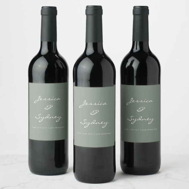 Minimalist Dark Sage Green Script Wedding Custom  Wine Label (Bottles)