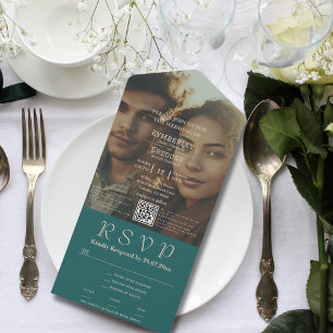 Minimalist Dark Teal Ivory Photo QR Code Email All In One Invitation