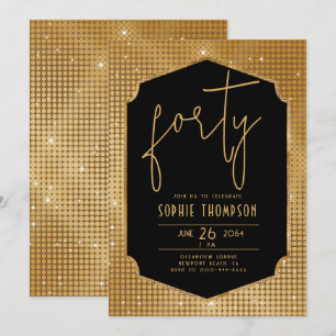 Minimalist Deco Black Gold Sequins 40th Birthday Invitation