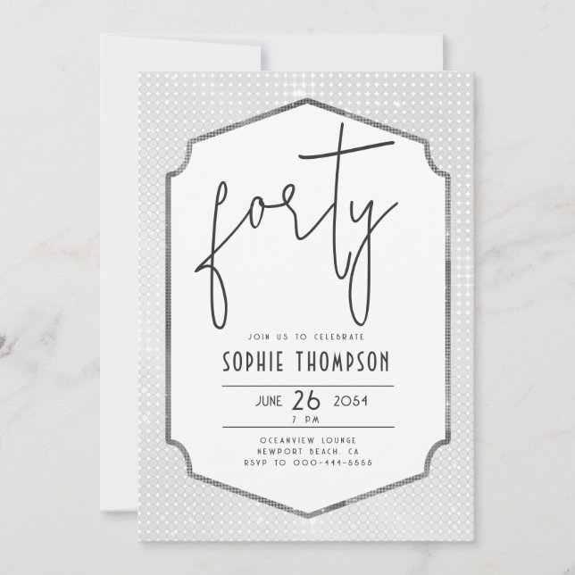Minimalist Deco Black White Sequins 40th Birthday Invitation (Front)