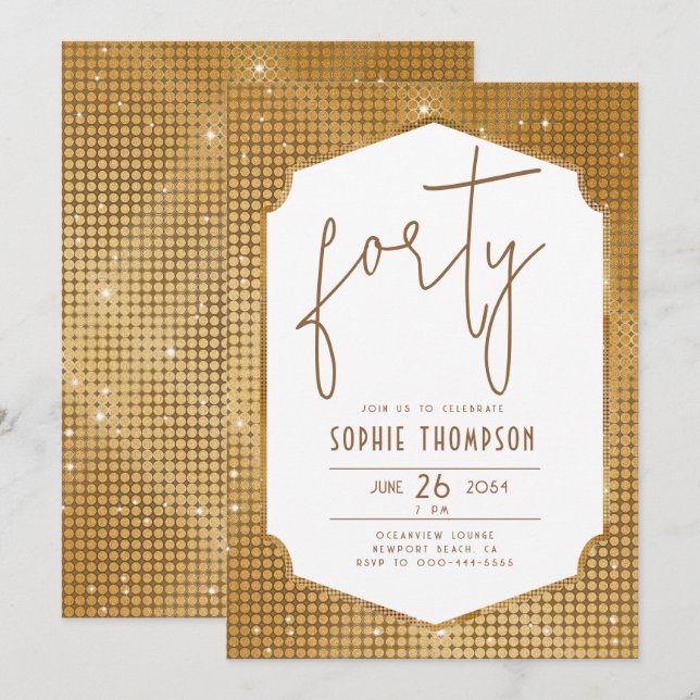Minimalist Deco Frame Gold Sequins 40th Birthday Invitation (Front/Back)