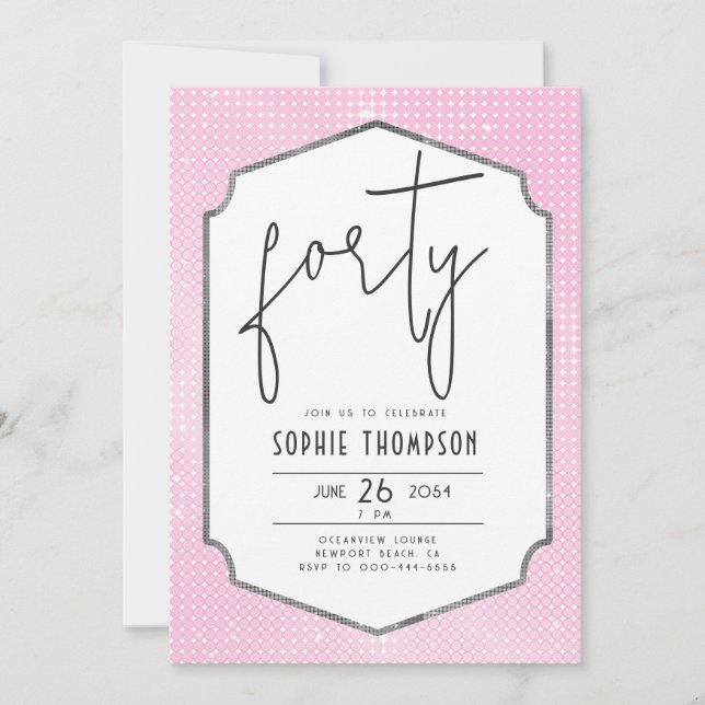 Minimalist Deco Frame Pink Sequins 40th Birthday Invitation (Front)