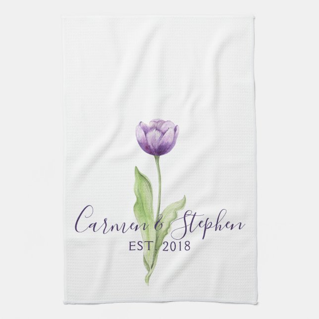 Minimalist Deep Purple Single Tulip Wedding Kitchen Towel (Vertical)
