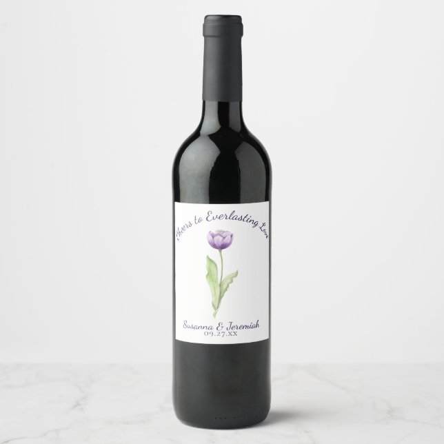 Minimalist Deep Purple Tulip Wedding Reception Wine Label (Front)