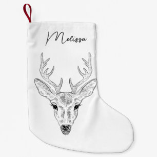 Minimalist Deer Head Line Art Sketch With Name Small Christmas Stocking