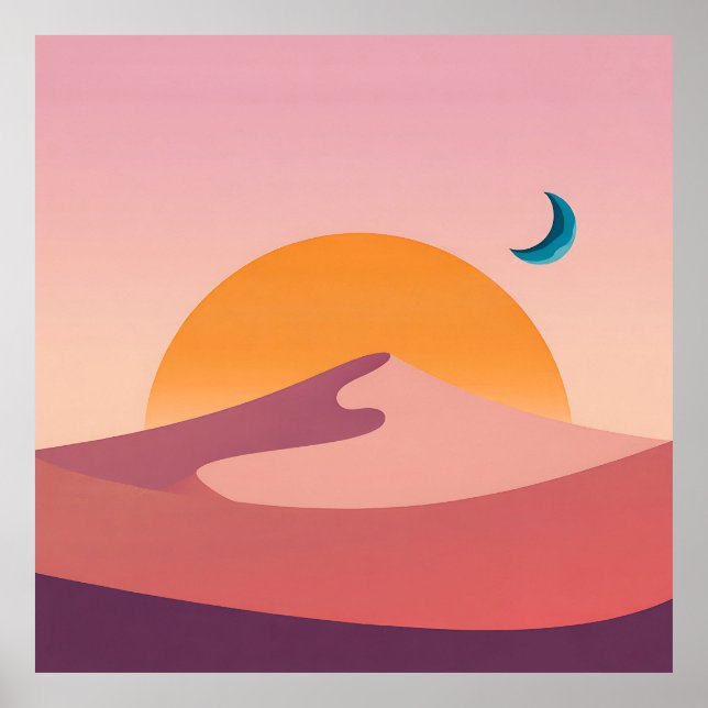 Minimalist Desert Sunset Moon Landscape Poster (Front)