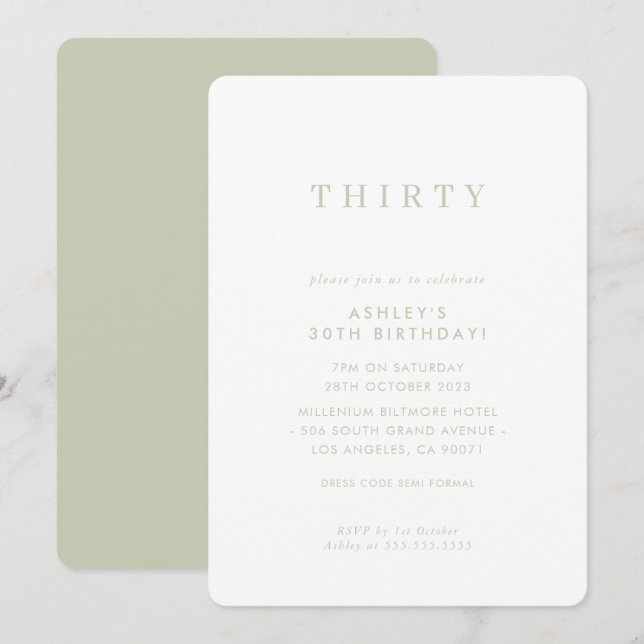 MINIMALIST design birthday chic modern sage green Invitation (Front/Back)