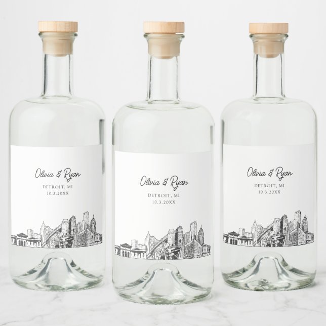 Minimalist Detroit Wedding Custom Liquor Bottle Label (Bottles)