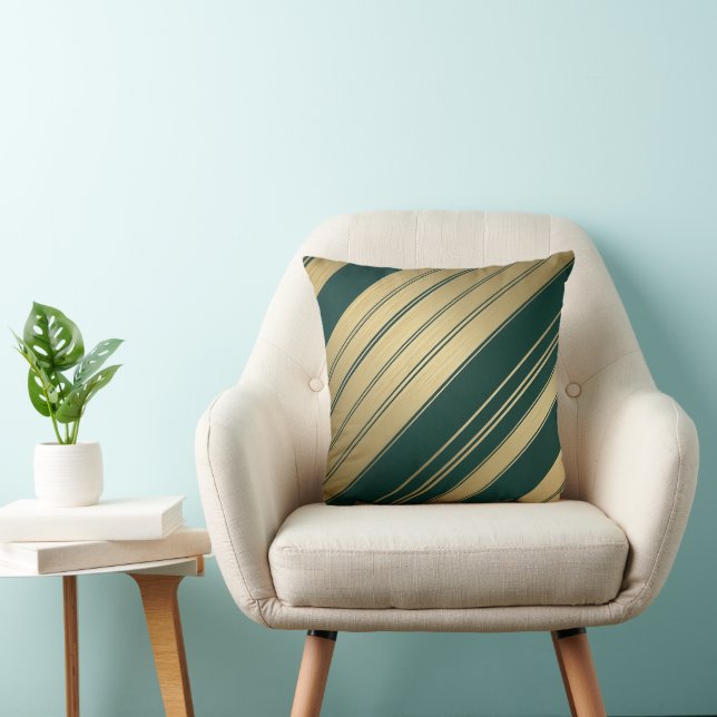Minimalist Diagonal Gold and Green Stripes holiday Throw Pillow (Chair)