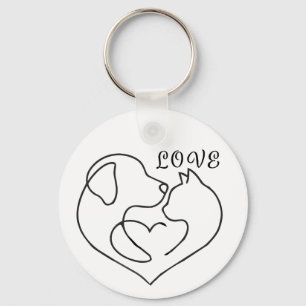Minimalist Dog and Cat Heart - One Line Art Design Keychain