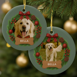 Minimalist Dog Holiday Christmas Photo Ceramic Ornament