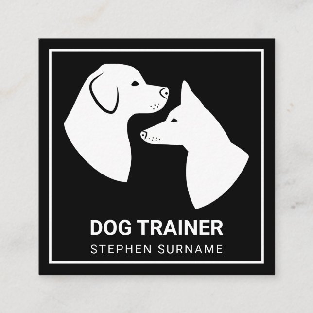 Minimalist Dog Silhouettes On Black - Dog Trainer Square Business Card (Front)