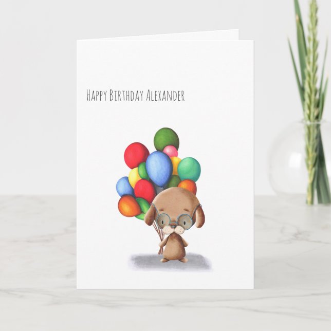 Minimalist Dog with Balloons Personalized Birthday Card (Front)