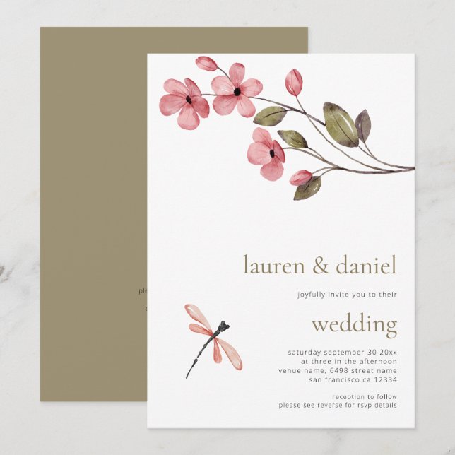 Minimalist Dragonfly Wildflower QR Blue Wedding Invitation (Front/Back)