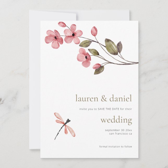 Minimalist Dragonfly Wildflower QR Blue Wedding Save The Date (Front)