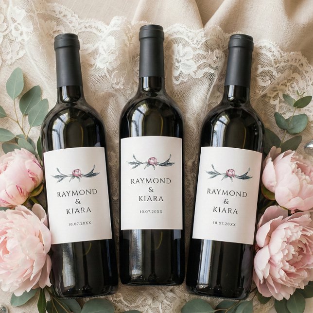 Minimalist Dusky Pink Peony Floral Wedding Wine Label (blush pink peony wedding wine labels)