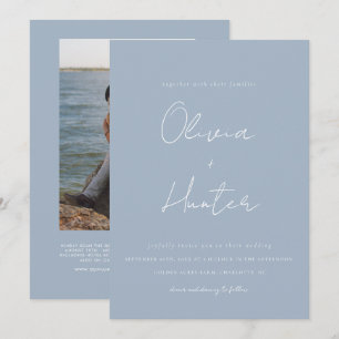 Minimalist Dusty Blue All in One Wedding   Invitation