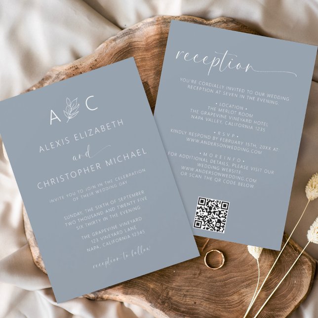 Minimalist Dusty Blue All In One Wedding QR Code Invitation (Creator Uploaded)