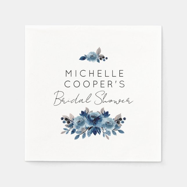 Minimalist Dusty Blue and Navy Floral Napkin (Front)