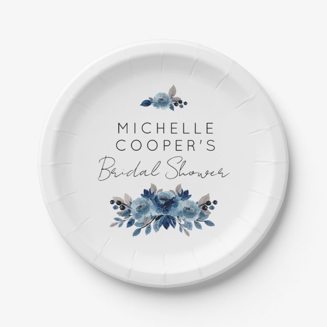 Minimalist Dusty Blue and Navy Floral Paper Plate (Front)