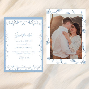 Minimalist Dusty Blue Chinoiserie Floral Save date Invitation