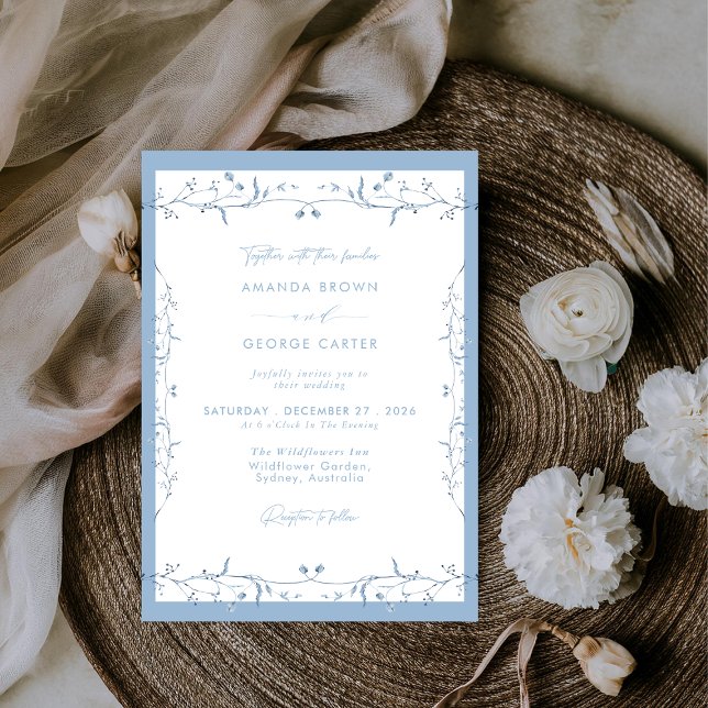 Minimalist Dusty Blue Chinoiserie Floral Wedding Invitation (Creator Uploaded)