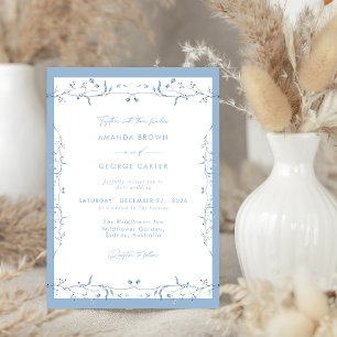 Minimalist Dusty Blue Chinoiserie Floral Wedding Invitation