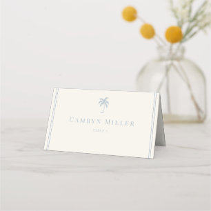 Minimalist Dusty Blue Coastal Palm Tree Wedding Place Card