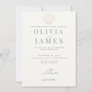 Minimalist Dusty Blue Coastal Seashell Wedding Invitation