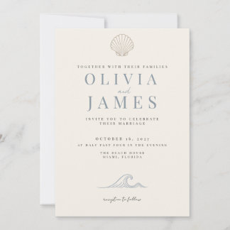 Minimalist Dusty Blue Coastal Seashell Wedding Invitation
