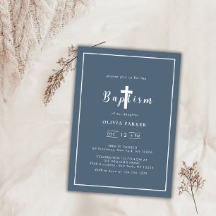 Minimalist Dusty Blue Cross Boy Baptism  Invitation