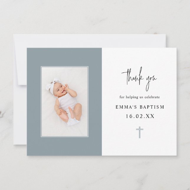 Minimalist Dusty Blue Cross Photo Baptism Thank You Card (Front)