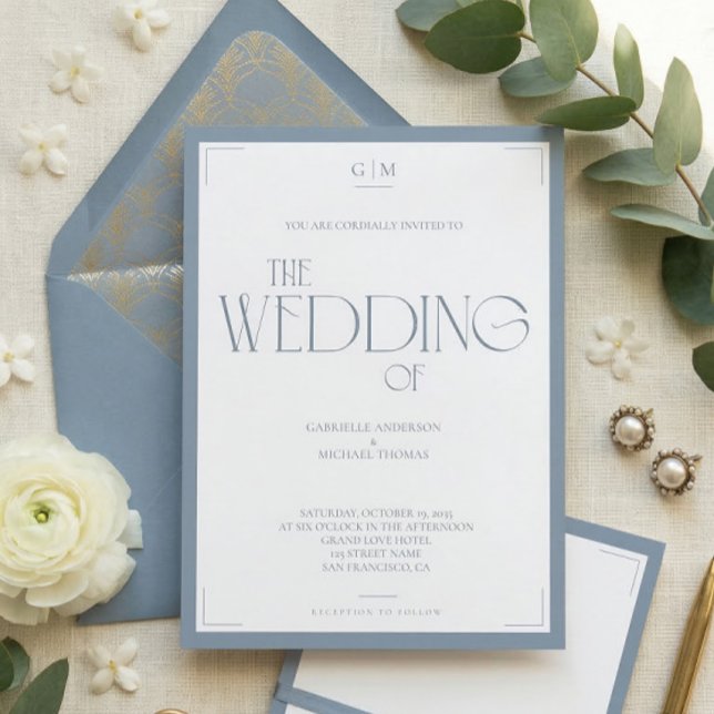 Minimalist Dusty Blue Elegant Monogram Wedding  Invitation (Creator Uploaded)