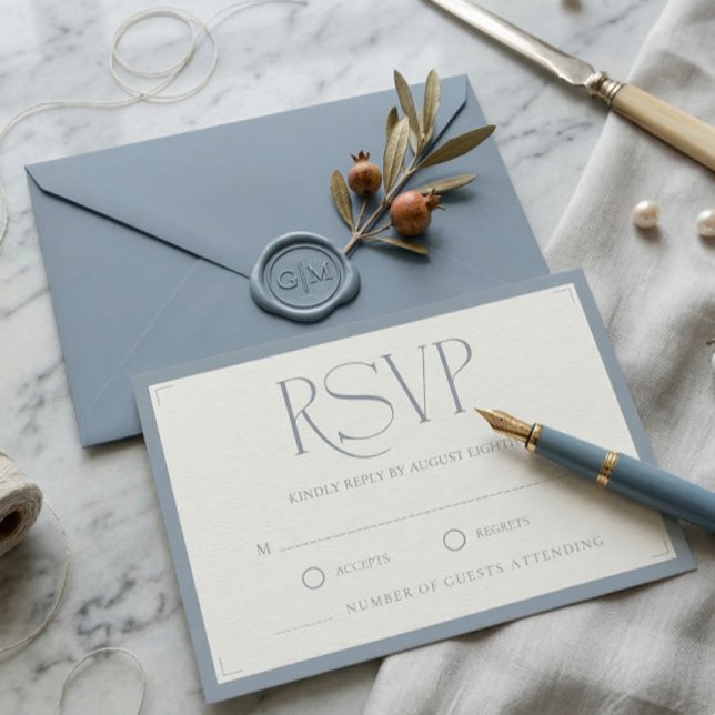 Minimalist Dusty Blue Elegant Monogram Wedding  RSVP Card (Creator Uploaded)
