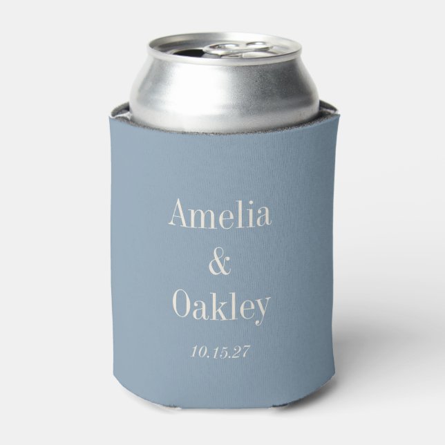 Minimalist Dusty Blue Elegant Wedding Custom Can Cooler (Can Front)
