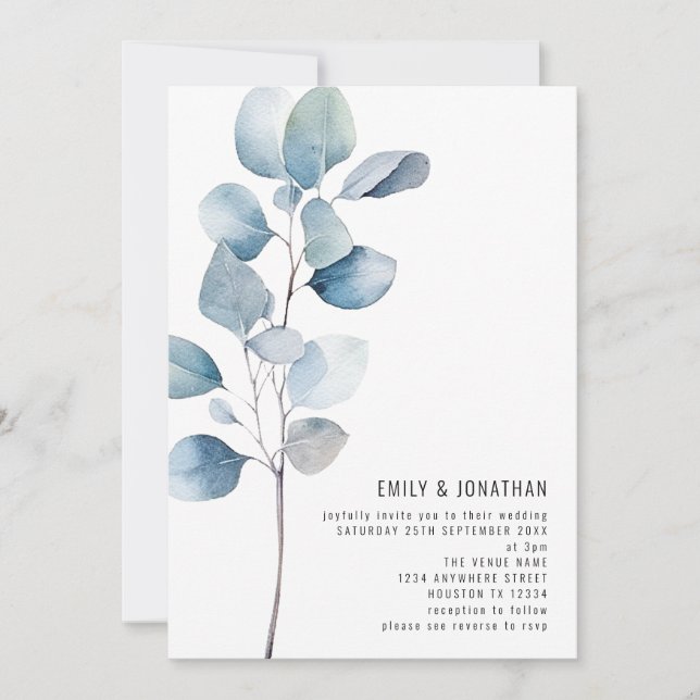 Minimalist Dusty Blue Eucalyptus QR Code Wedding Invitation (Front)