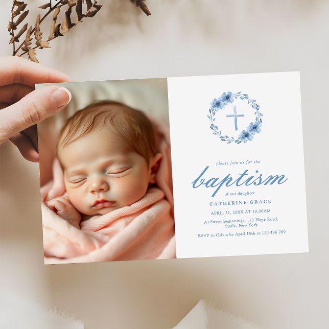 Minimalist Dusty Blue Floral Cross Baptism Photo Invitation (Creator Uploaded)
