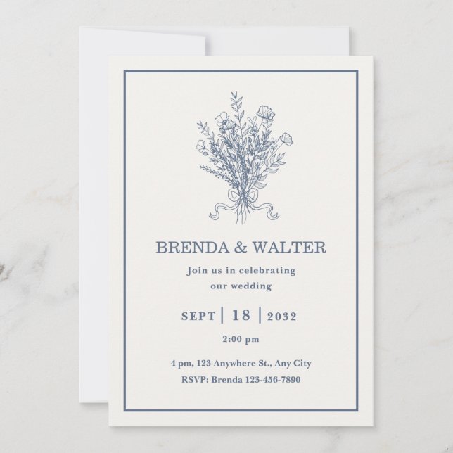 Minimalist Dusty Blue Floral Sketch Wedding  Invitation (Front)