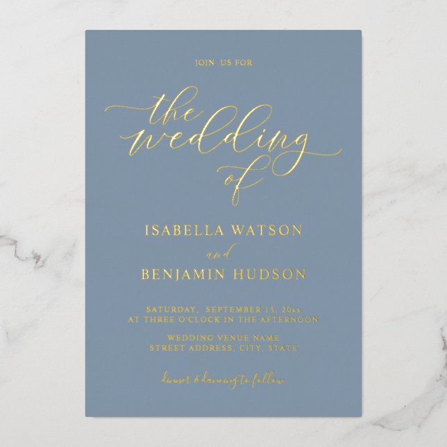 Minimalist Dusty Blue Gold Calligraphy Wedding (Front)
