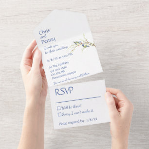 Minimalist Dusty Blue Jay Love Birds Wedding  All In One Invitation