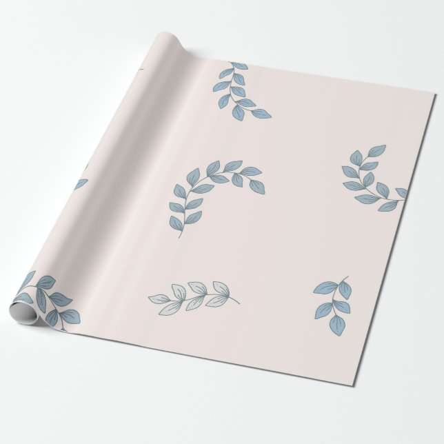 Minimalist Dusty Blue Leafy Sprig Boho Wrapping Paper (Unrolled)