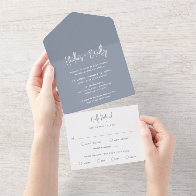 Minimalist Dusty Blue Modern Wedding All In One Invitation (Tearaway)