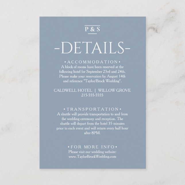 Minimalist Dusty Blue Monogram  Wedding Details    Enclosure Card (Front)